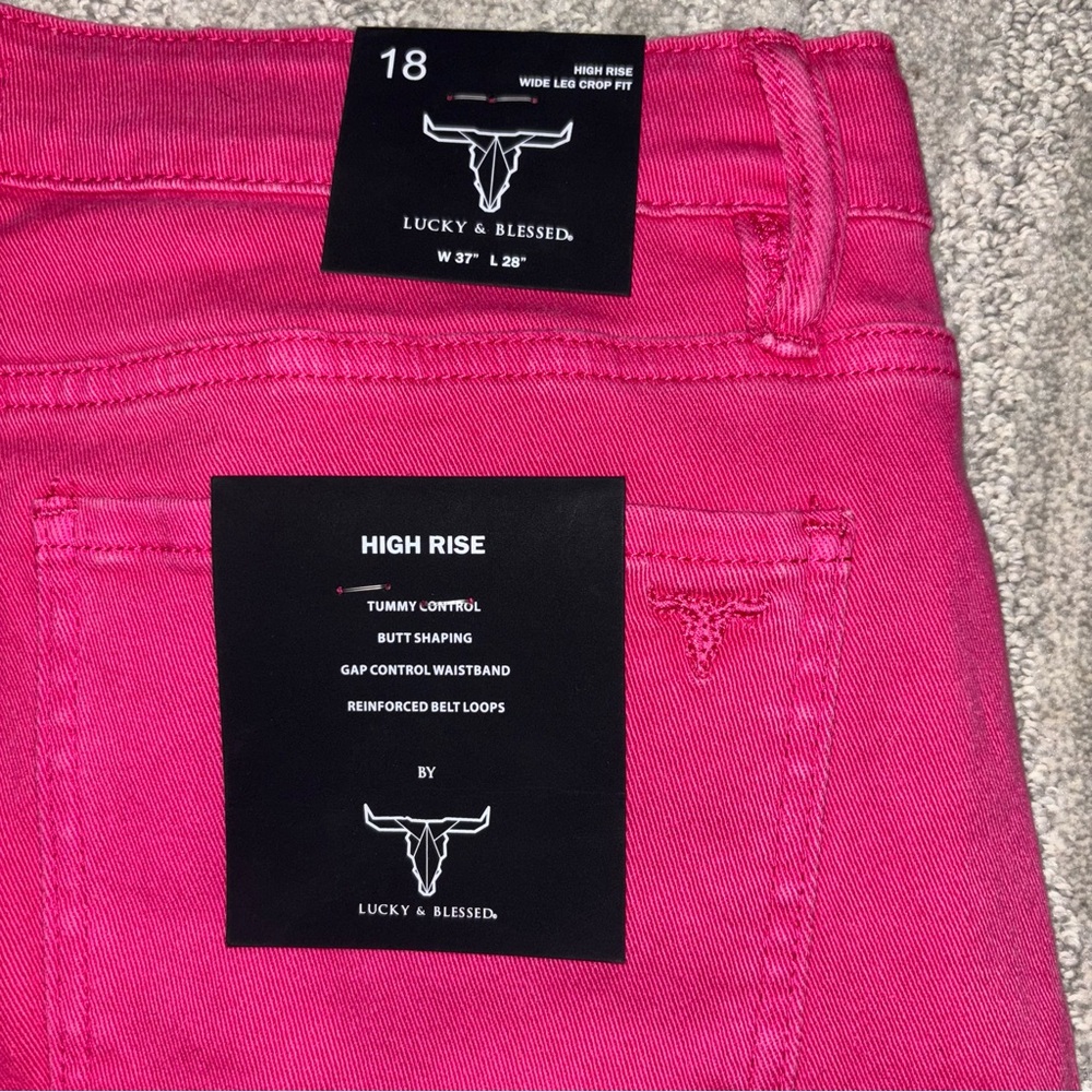 NWT Lucky & Blessed Wide Leg Crop Fit Jeans Pink Rhinestone Boho Women’s Sz 18 - Picture 5 of 7